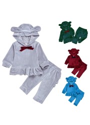 Cartoon Velvet Tracksuit Eear Ruffle Kids Children Clothing Set Autumn Winter Girls Baby Costume 2pcs Suit