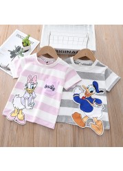 Summer Daisy Donald Duck Short Sleeve T-shirt Fashion Striped T-Shirt For Little Girls Cute T-shirt Toddler Kids Boys Clothes