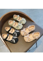 Fashion Bow Pearl Girls Princess Shoes Spring Autumn New Kids Wedding Party Dance Shoes Soft Leather Slip Toddler Girl Flat Shoes