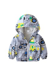 Spring Autumn Kids Clothes Boys Jackets Children Hooded Zipper Windbreaker Toddler Boys Car Dinosaur Waterproof Hoodies for Boys