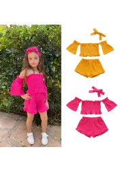 Infant Girls Clothes Baby Girl Toddler Off Shoulder Short Sleeve Tops Belt Pants Headband Outfit Sunsuit Kids Clothes Set 1-5y