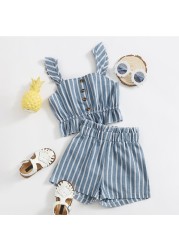 Baby Girl Clothes Set Summer Baby Cotton Striped Print Short Sleeve Suspenders T-shirt + Ruffle Short Pants 2pcs Kids Outfit