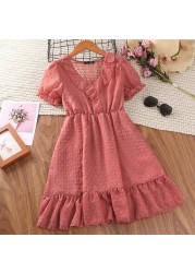 5-12 Years Girls Summer Spaghetti Strap Dress Short Sleeve V-Neck Fashion Kids Clothes Princess Robe Dresses