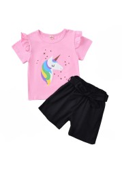 For 1-6 Years Girls Unicorn Outfit Clothes Summer Top Short Pants Kids Clothes 2pcs Baby Costume Children