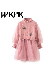 WKPK New Spring Autumn Girls Dress Leisure Fashion Children Clothes Pearl Long Sleeve Children Dresses Comfortable Soft Gauze Skirt