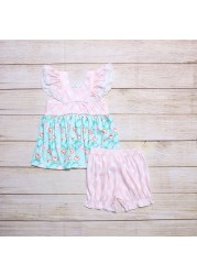 Summer Girl Clothes Rose Print Pattern Lace White Square Collar Sleeveless Tops and Pink Plaid Short Pants Baby Girls Outfits