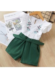 Menoea 2022 New Spring Summer Kids Girls Clothes Sets Fashion Flower Embroidery T-shirts+Bow Shorts 2Pcs Suits Children Clothing