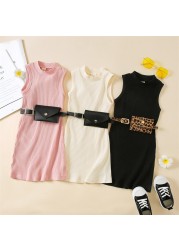 Girls Casual Dresses 2022 New Summer Kids Baby Solid Color Sleeveless Costumes Belt Bag Birthday Party Princess Vestidos