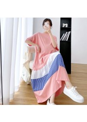 Summer Women Pregnancy Cloth Plus Size Loose Knitted Cotton Patchwork Maternity Long Dress Casual Striped Clothes for Pregnant Women