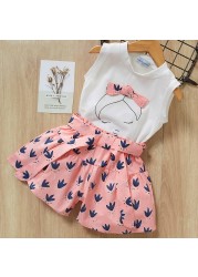 Girls clothes set 2022 new summer sleeveless T-shirt and print bow shorts for girl kids clothes children clothing 3 5 7 years