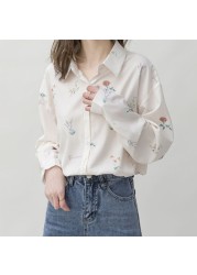 Sweet Flower Summer White Shirt Women Blouse Design Top Elegant Outerwear Long Sleeve Chiffon Female Shirt FLL0803