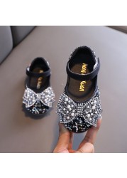 Autumn Girls Leather shoes Princess Square Rhinestone Bow Single Shoes Fashion Children Performance Wedding Shoes G14