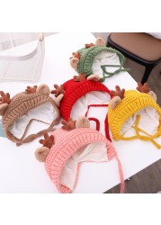 Cute Deer Elk Antlers Baby Hat Winter Warm Plush Knitted Ear Warmer Children Hat Bonnet Boys Girls Beanie Hat Christmas Hats