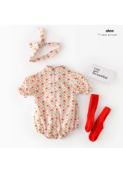 2022 Summer Retro Clothes for Newborn Baby Girls Cotton Floral Print Jumpsuit Infant Baby Clothes with Headband