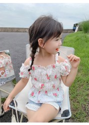 2pcs/set Kids Girl Clothes Sweet Little Flower Top Outer Clothes Lace Denim Shorts Fashion Causal Summer Princess Clothing Suit
