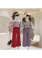 2pcs/set Kids Girl Clothes Sweet Little Flower High Waist Top Wide Leg Pants Fashion Casual Autumn Summer Princess Clothing Suit