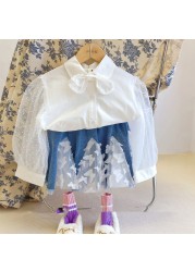 2pcs/set Kids Girl Clothes French Shirt Three-dimensional Butterfly Denim Skirt Fashion Casual Summer Children Clothing Suit