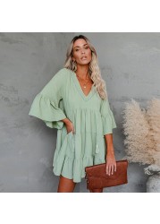 2022 Summer Clothes Pregnant Women Sweet Short Flare Sleeve V-neck High Waist Maternity Chiffon Dress Korean Style A-Line