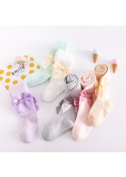 Fancy summer color hollow mesh breathable big bow-knot little girl elegant soft tights pantyhose