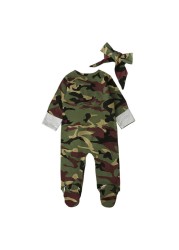 2pcs Infant Toddlers Baby Boys Long Sleeve Camouflage One-Piece Romper + Bow Tie Headband Baby Clothing Fittings 0-9M