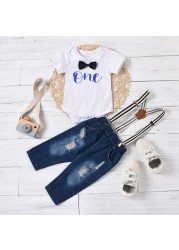 Fashion Baby Boy Summer Clothes Kids Girls Clothes Outfits Cotton Short Sleeve Tops Suspender Jeans Newborn Clothes 3-18 Months