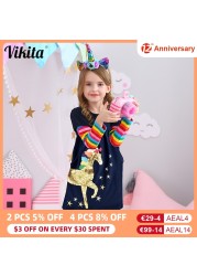 Vikita Girls Rainbow Striped Dress Kids Sequin Unicorn Dress Autumn Baby Dress With Pockets Cotton Dresses For 3-12 Years Girls