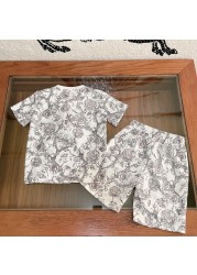 Boys Summer Floral Print Set Cotton Round Neck Short Sleeve T-shirt + Casual Shorts 2pcs Set High Quality