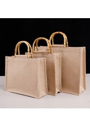 Portable Burlap Shopping Bag Jute Handbag Bamboo Ring Retro Carry Handles DIY Handbag Women Large Size Beach Bag for Girls