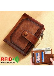 Vintage Men's Genuine Leather Wallet RFID Blocking Trifold Short Multifunction Money Clip Large Capacity Zipper Coin Purse