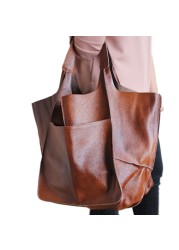 Elderly Designer Metal Look Luxury PU Leather Casual Shoulder Bags Soft Large Capacity Tote Bags Women Retro Big Shopper Purses