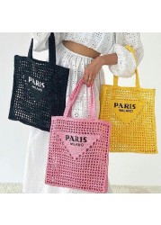 2022 designer brands hollow letters raffia straw tote fashion leaf woven shoulder bags women summer beach handbag leisure bag