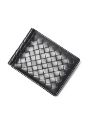 Male Card Holder Genuine Woven Leather Fashion Design Slim Wallet Front Pocket Money Clip Small Wallet for Men Women Luxury Brand