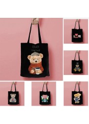 Women's Shopping Bag All-match Bear Chain Handbag Folding Reusable Canvas Shopper Harajuku Style Bag New Student Canvas Tote Bag