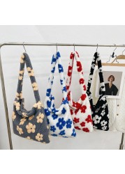 Stylish design plush flower pattern women tote bag handbags shoulder bag ladies large capacity simple fashion female bag