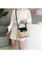 Women Bucket Casual Crossbody Bags Straw Weave PU Patchwork Top Handle Bags Summer Beach Female Flap Shoulder Messenger Bags