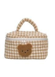 Cute Khaki Bear Makeup Bag Large Capacity Portable Cosmetic Bags Zipper Pure Cotton Plaid Brushes Pouch Case For Women Girls