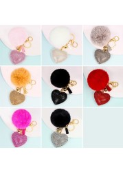 Rhinestone Pompom Heart Keychain Ladies Bag Hanging Room Car Pendant Decoration