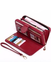 Leather Women Long Zipper Oil Wax Wallet Large Capacity Zipper Clip Wallet Ladies Long Wristlet Clutch Coin Card Holder Portomonee