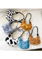 Casual Handbag Lady PU Plush Animal Pattern Underarm Shoulder Bag Pouch Popular Simple Female Daily Bag