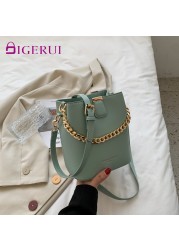 DIGERUI Women Fashion PU Leather Bucket Shoulder Bags Pure Color Messenger Bag Female Tote Crossbody Bag Chain Casual Handbags