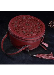 Round Shoulder Bags Vintage Flower Casual Leather Tassel Small Handbag Tote for Ladies Outdoor Shopping Travel