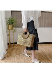 bohemian women summer beach woven straw handbag with round top handle travel vacation weave zipper large top basket bag