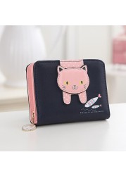 Card Portable Hasp Coin Zipper Closure Gift Cute Cat Money Folding Short PU Leather Cartoon Women Wallet