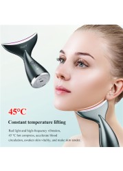 CkeyiN Microcurrent Neck Face Lift Machine 3 Color LED Photon Heating Therapy EMS Vibration Facial Slimmer Anti Wrinkle Massager