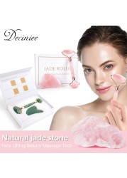 Natural Pink Quartz Jade Roller Gua Sha Set Facial Body Massager Roller Stone Jade Massage Set Face Lifting Beauty Massage Device