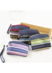 Women Ethnic Cotton Fabric Coin Purse Clutch Card Key Holder Children Kids Wallet Double Zipper Coin Purse porte monnaie femme