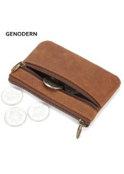 GENODERN Vintage Crazy Horse Leather Men Coin Purse Genuine Leather Zipper Coin Wallet Retro Key Holder Clutch Money Bag