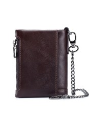 New Genuine Leather Men Wallet Brand Double Zipper Man Wallet Vintage Cowhide Male Card Coin Bag With Iron Chain
