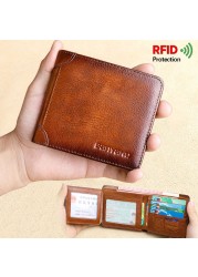 Men's Rfid Blocking Genuine Leather Bifold Wallet Vintage Slim Short Multifunctional Large Capacity Cowhide Wallet Money Clip