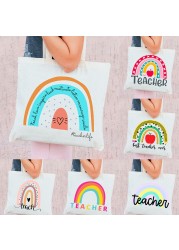 Best Teacher Ever Rainbow Women Canvas Shopping Bag Teacher Life Reusable Aesthetic Eco Tote Shoulder Bags Storage Travel Gift Bag